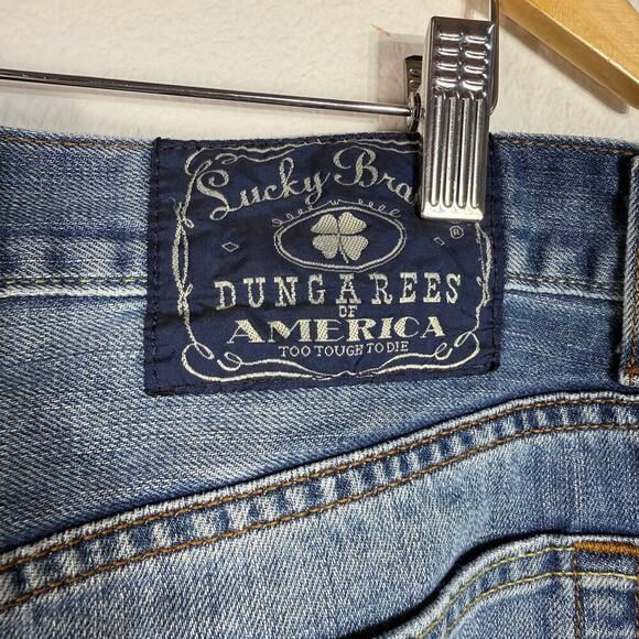 Lucky Brand Dungarees Loose Fit Short Length Jeans Mens 34x27 Blue Raw Hem Baggy - Picture 13 of 13